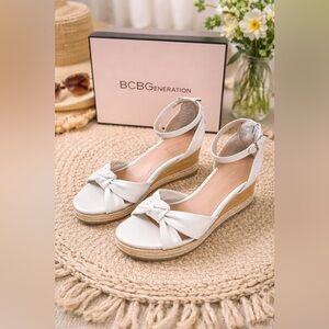 BCBGeneration White Wedge Sandals Size 9 Ankle Strap Summer Neutral